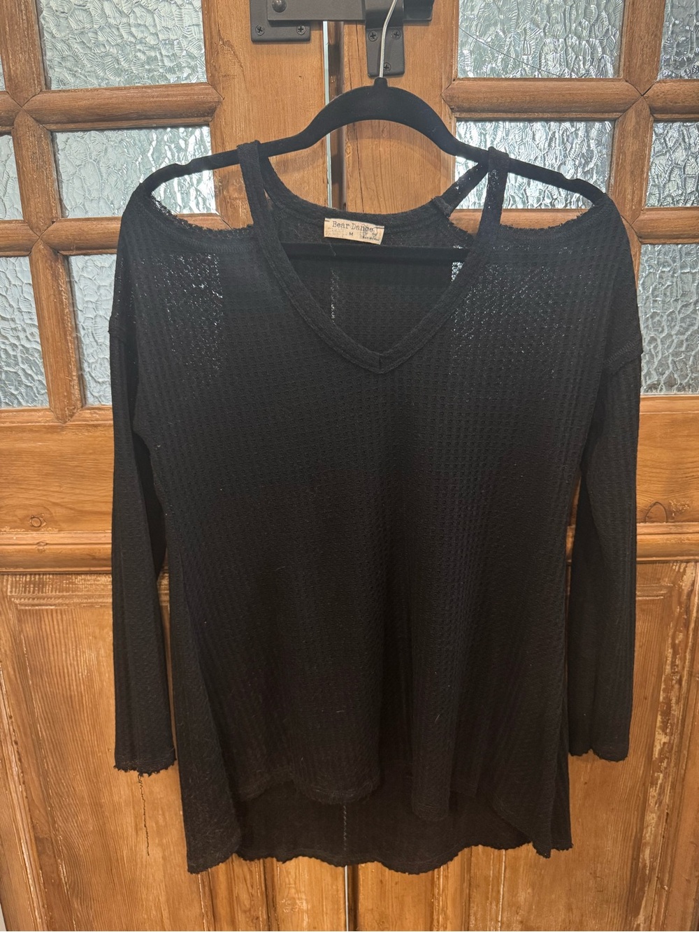 Bear Dance Black Cold-Shoulder V-Neck Long Sleeve Top